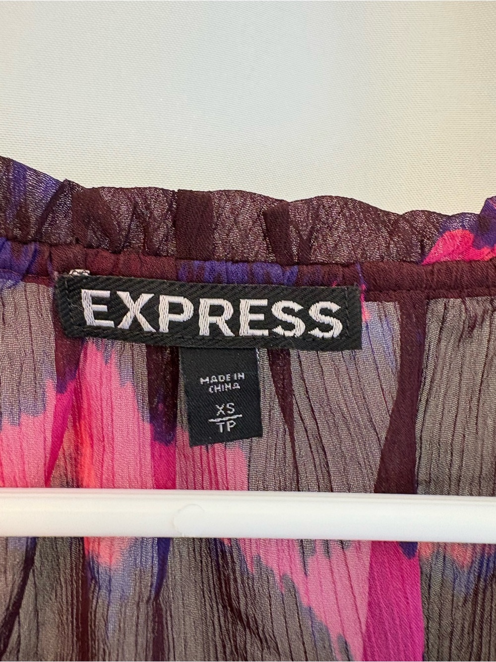 Express Sheer Tie-Neck Boho Blouse in Magenta, Purple and Brown Top Shirt - Picture 3 of 4